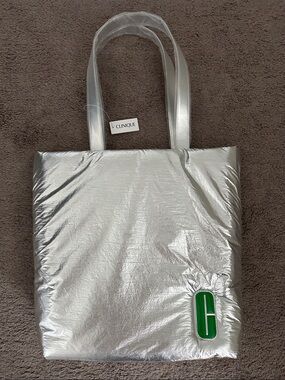 Clinique Silver Metallic Tote with Green Logo Accent